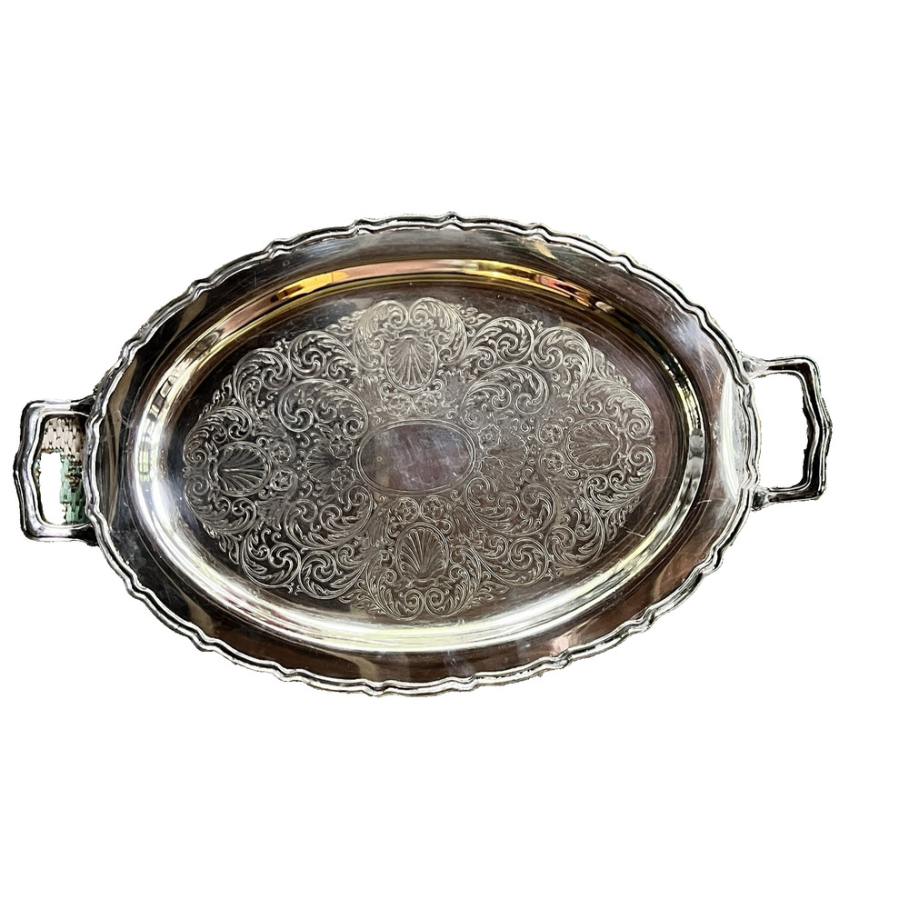 Silver Plated Handled Oval Serving Tray 20" x 14" Engraved Wedding Party Decor